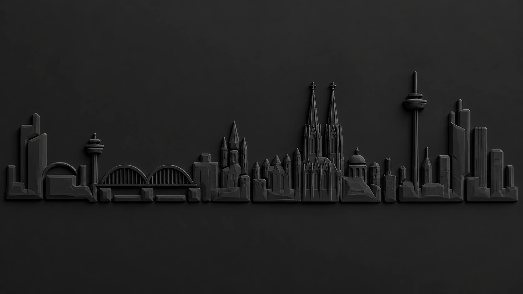 Mattschwarzes Relief der Kölner Skyline mit Hohenzollernbrücke, Dom und Fernsehturm